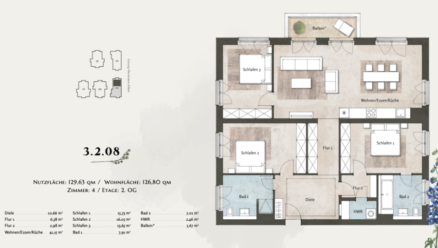 Spacious family flat with 2 bathrooms and balcony at the Gutspark in Potsdam - Floor plan